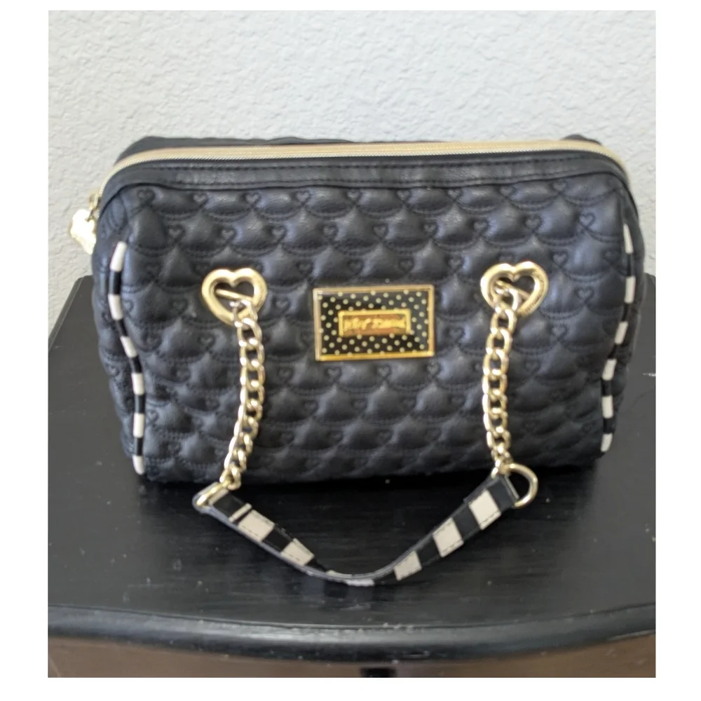 Betsey Johnson Black Quilted Barrel Satchel with Gold Chain Handles